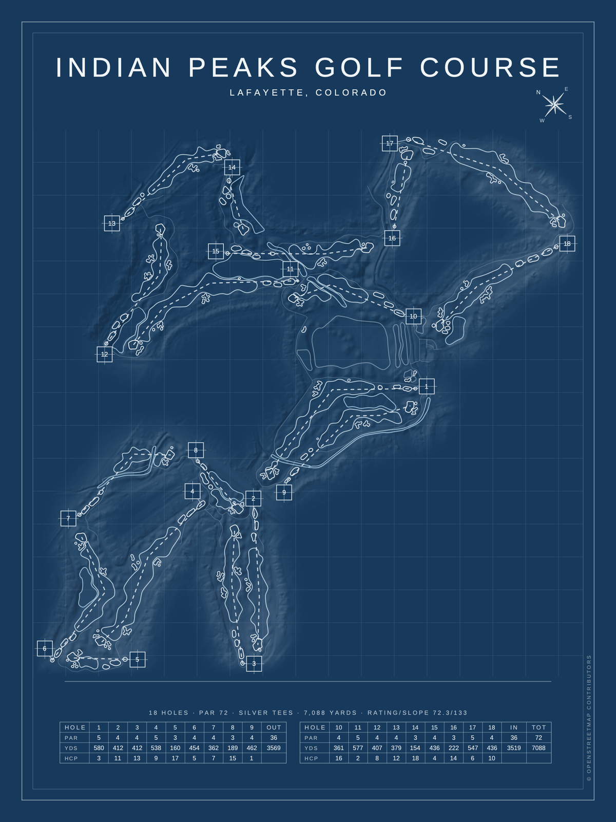 Indian Peaks Golf Course map poster, Blueprint style, 12×16 / 18×24