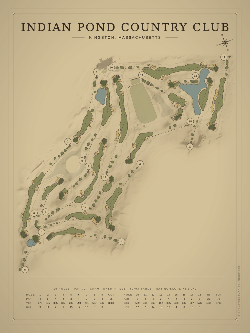 Indian Pond Country Club course map poster, Vintage style, 12×16 / 18×24