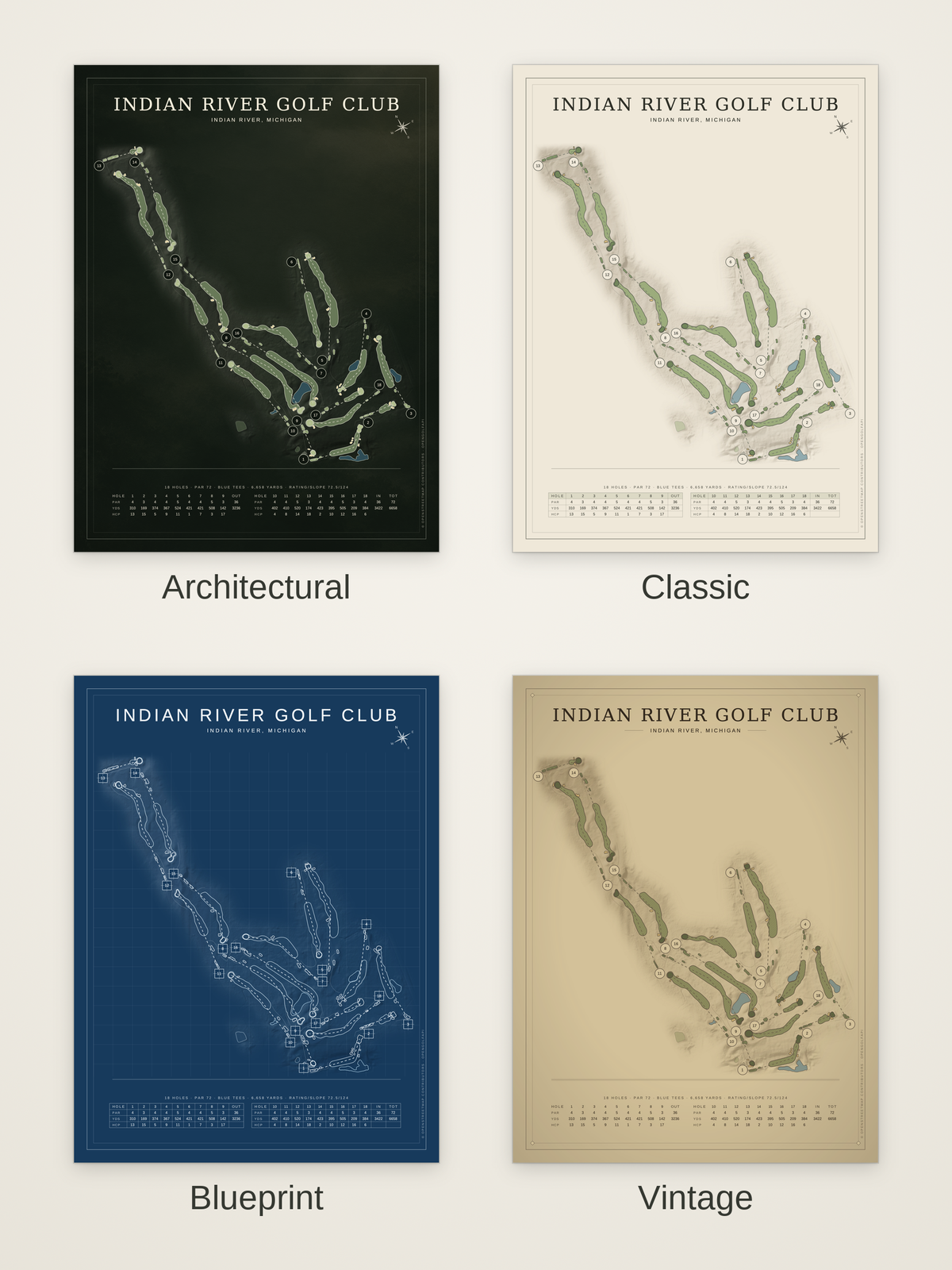 Indian River Golf Club course map poster in four styles: Architectural, Classic, Blueprint and Vintage