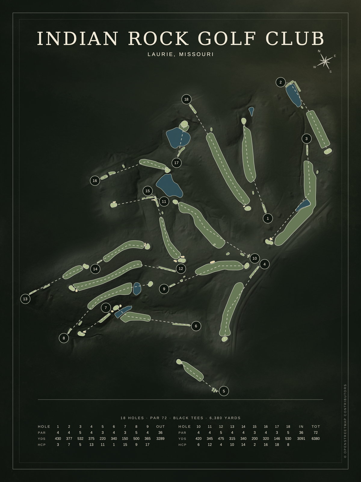 Indian Rock Golf Club course map poster, Architectural style, 12×16 / 18×24