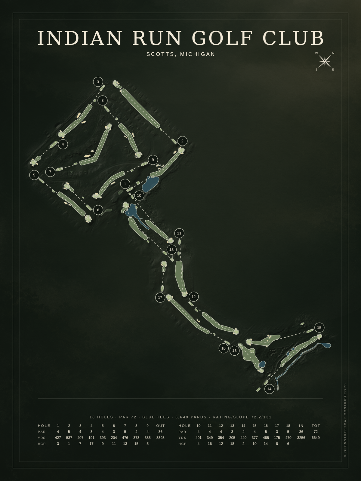 Indian Run Golf Club course map poster, Architectural style, 12×16 / 18×24
