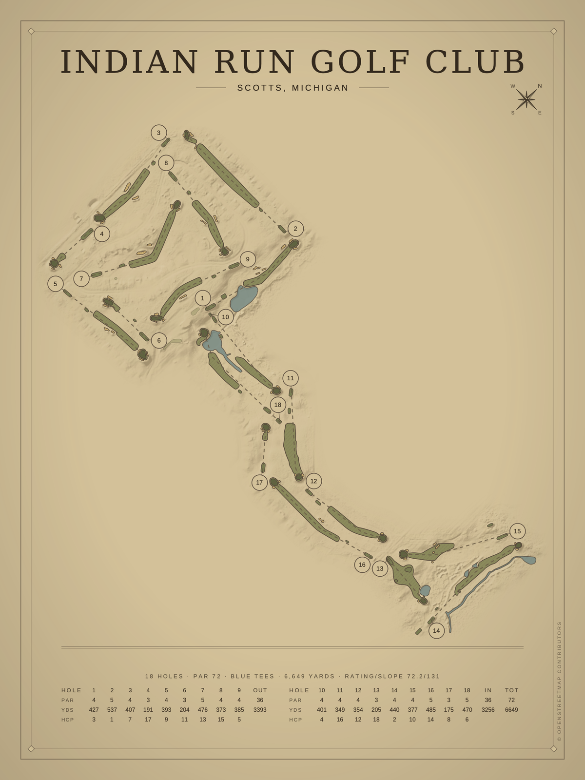 Indian Run Golf Club course map poster, Vintage style, 12×16 / 18×24