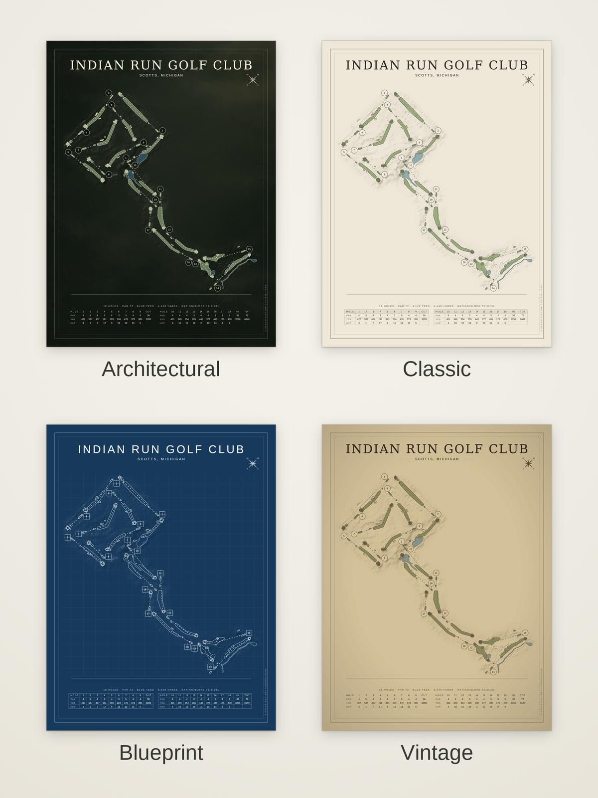 Indian Run Golf Club course map poster in four styles: Architectural, Classic, Blueprint and Vintage