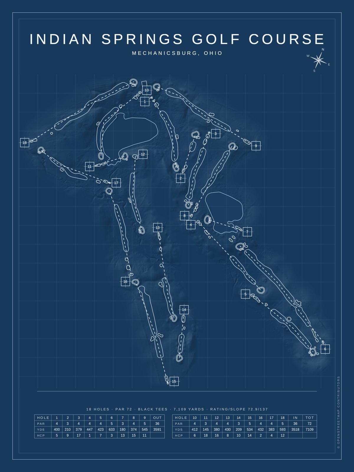 Indian Springs Golf Course map poster, Blueprint style, 12×16 / 18×24