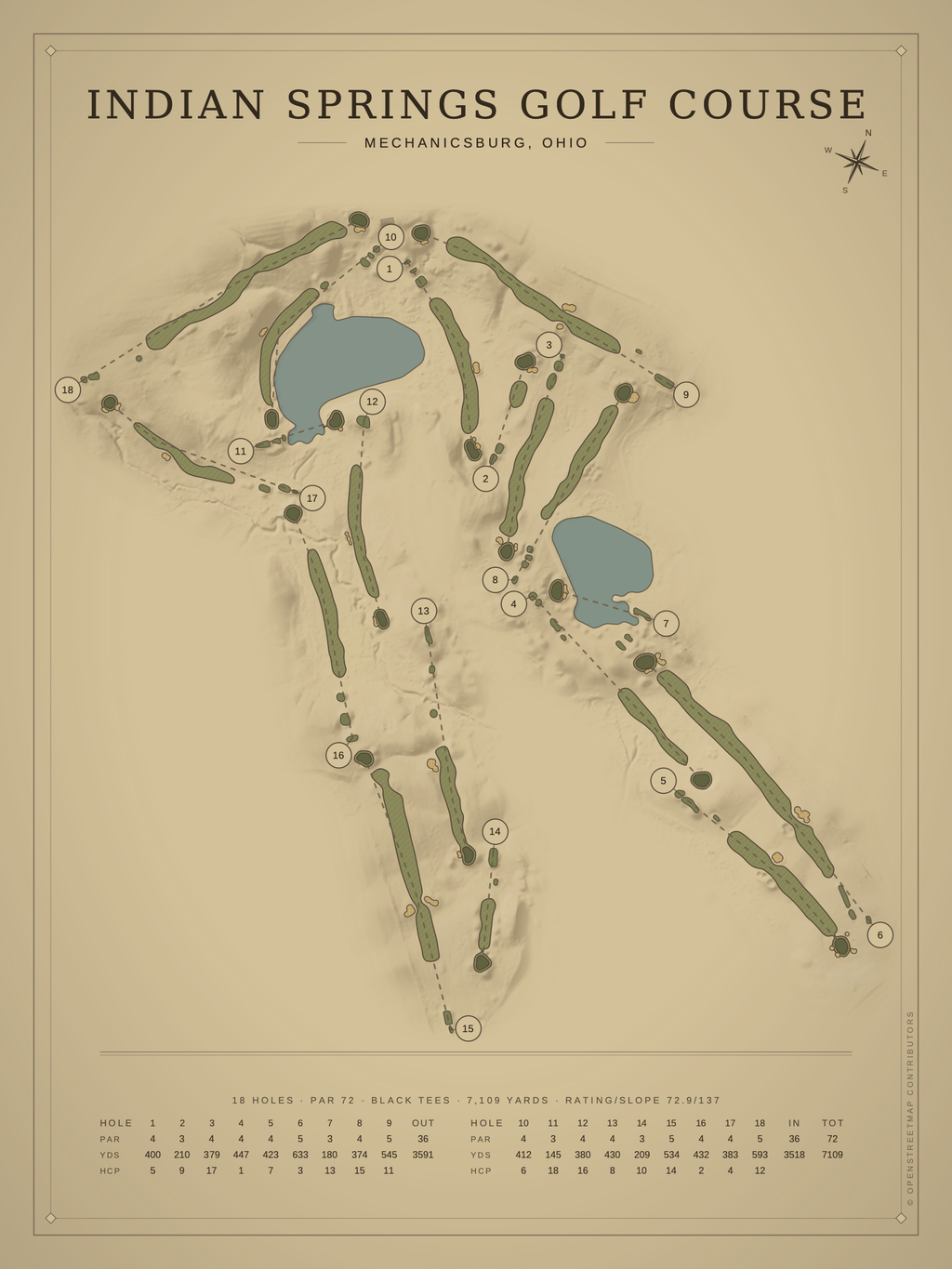 Indian Springs Golf Course map poster, Vintage style, 12×16 / 18×24