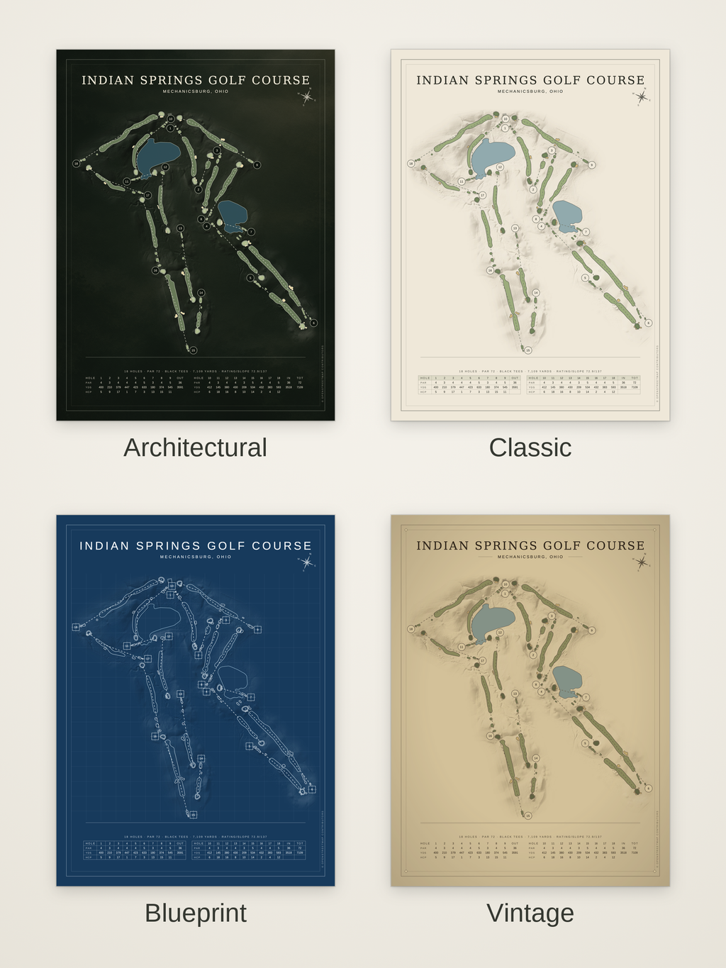Indian Springs Golf Course map poster in four styles: Architectural, Classic, Blueprint and Vintage