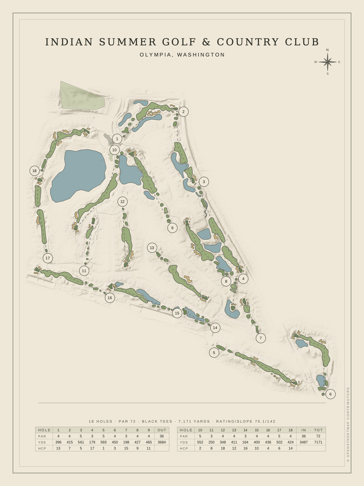 Indian Summer Golf & Country Club course map poster, Classic style, 12×16 / 18×24