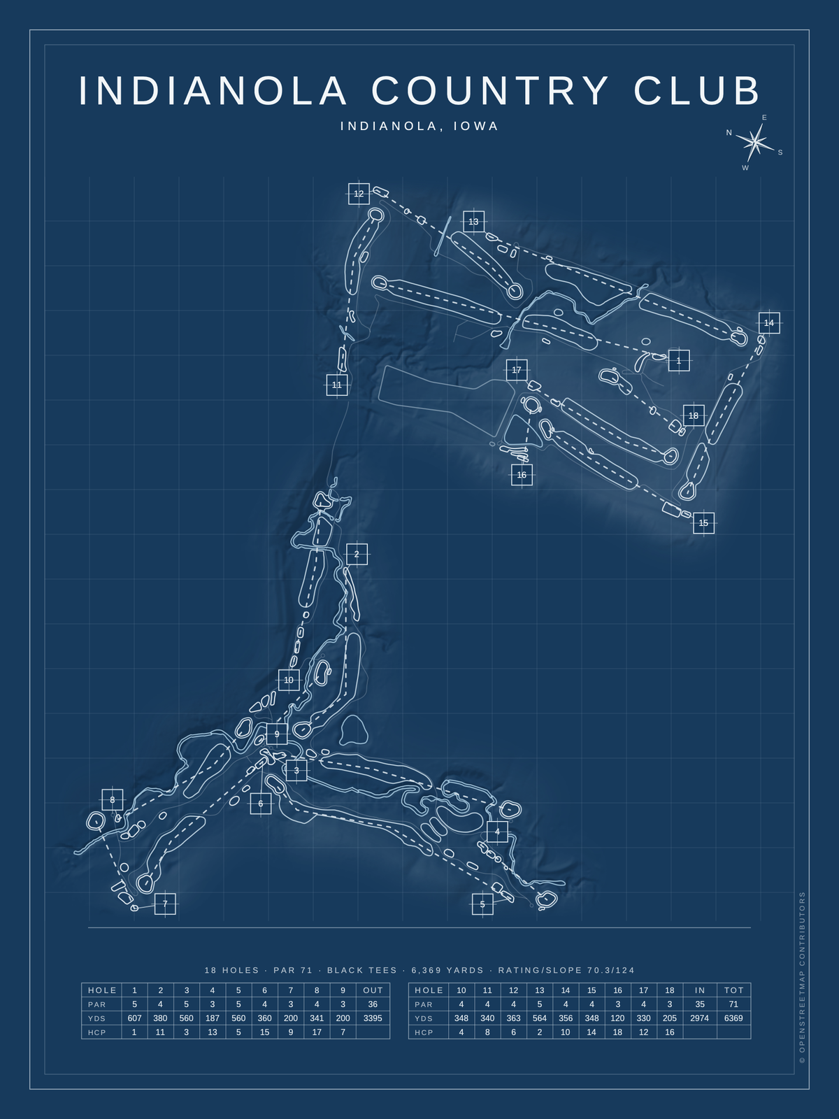 Indianola Country Club course map poster, Blueprint style, 12×16 / 18×24