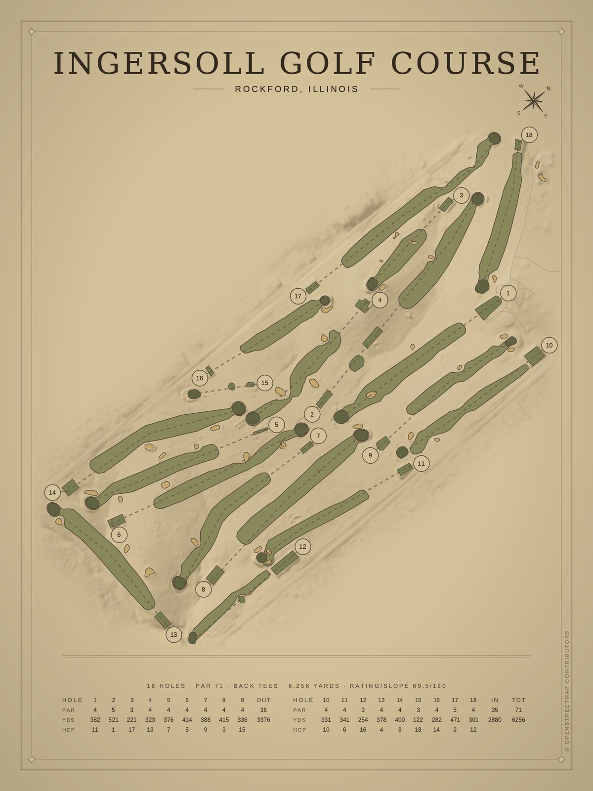 Ingersoll Golf Course map poster, Vintage style, 12×16 / 18×24