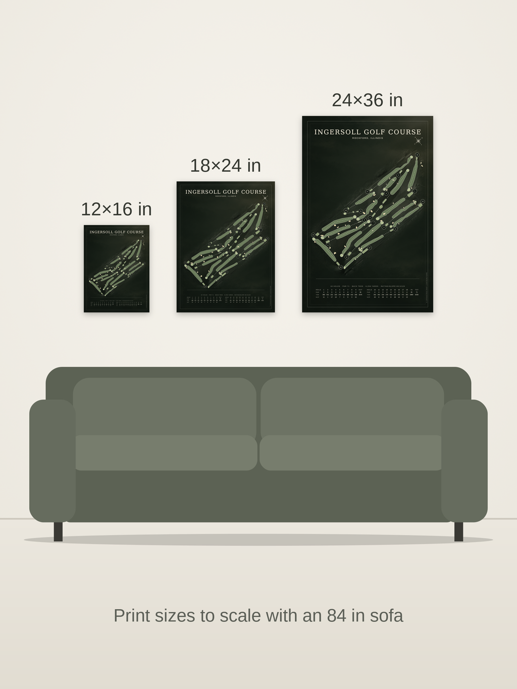 Ingersoll Golf Course map poster in the Architectural style at 12×16, 18×24 and 24×36 inches, shown to scale on a wall above an 84-inch sofa