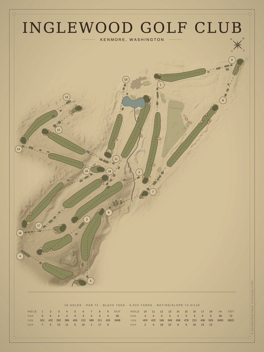 Inglewood Golf Club course map poster, Vintage style, 12×16 / 18×24