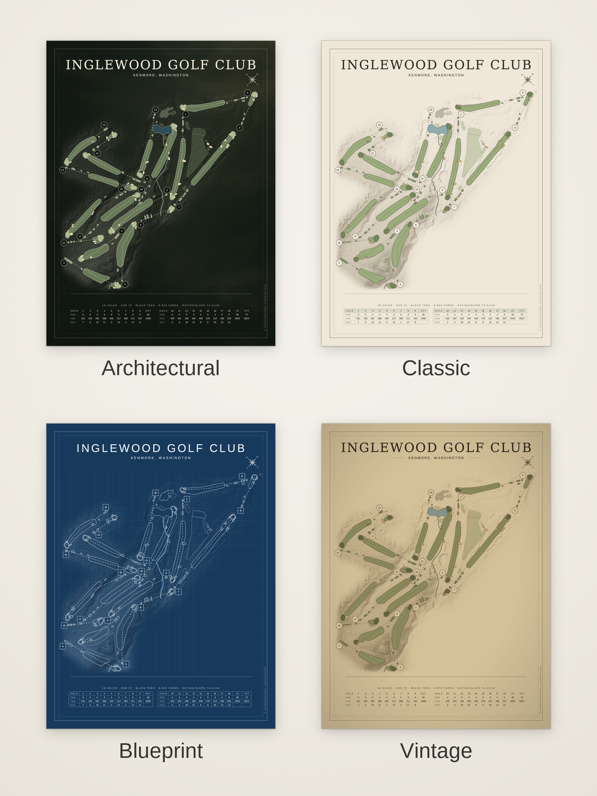 Inglewood Golf Club course map poster in four styles: Architectural, Classic, Blueprint and Vintage