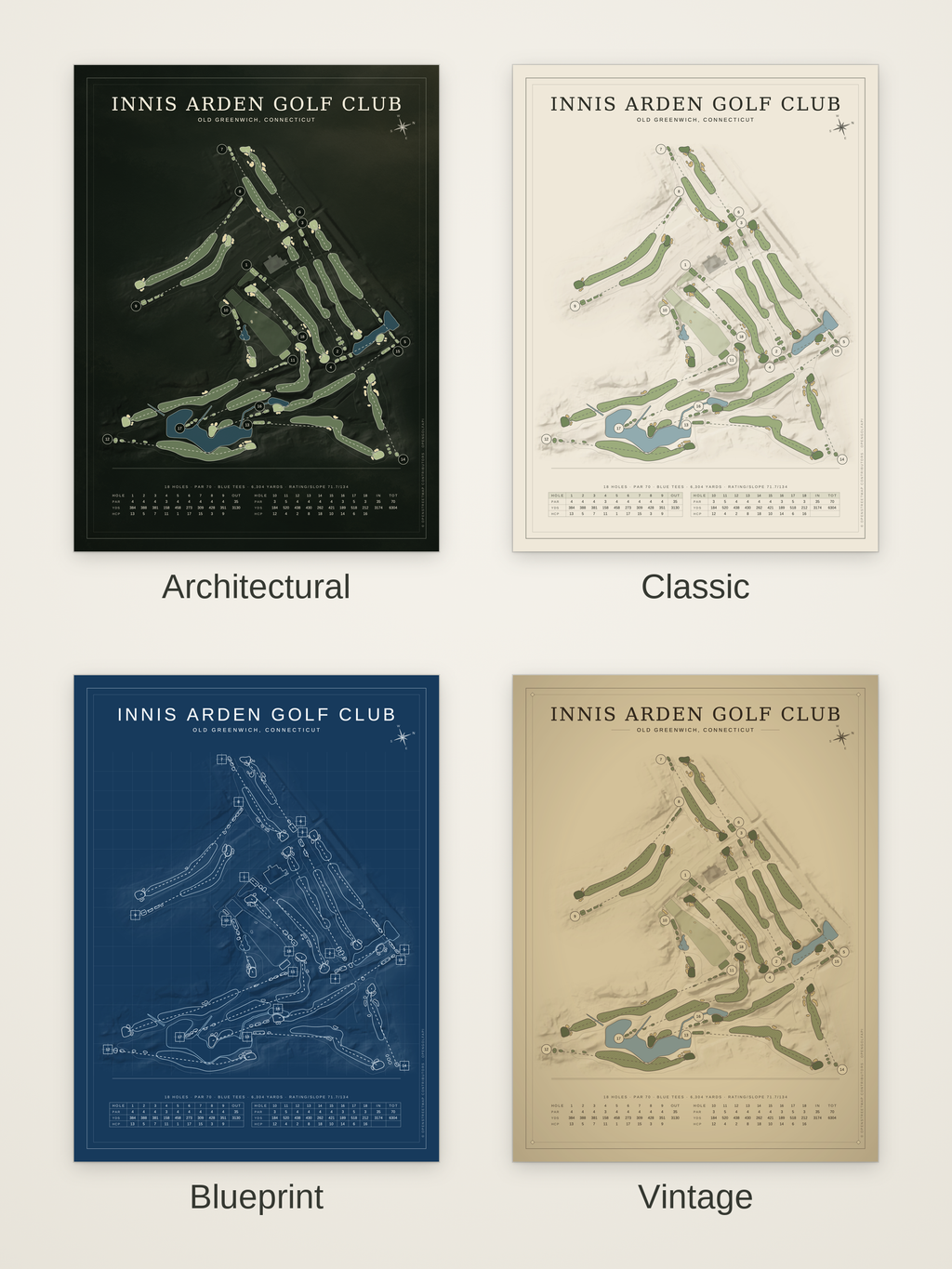 Innis Arden Golf Club course map poster in four styles: Architectural, Classic, Blueprint and Vintage