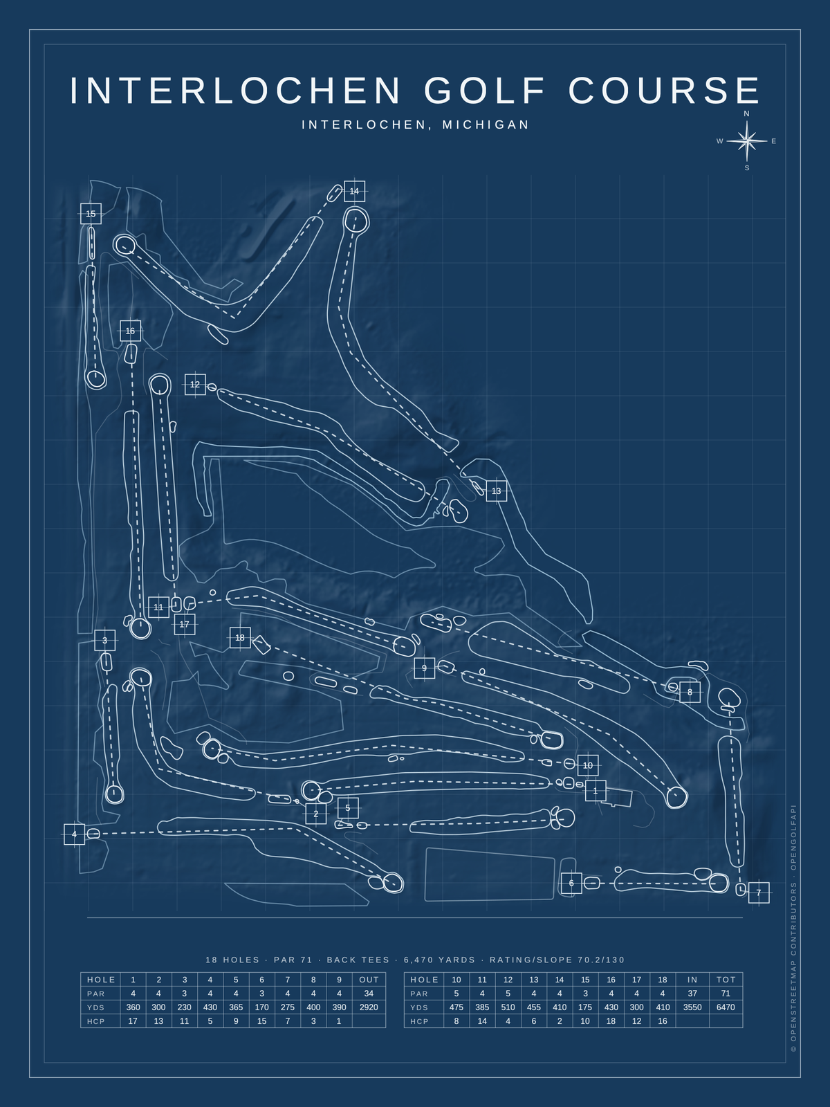 Interlochen Golf Course map poster, Blueprint style, 12×16 / 18×24