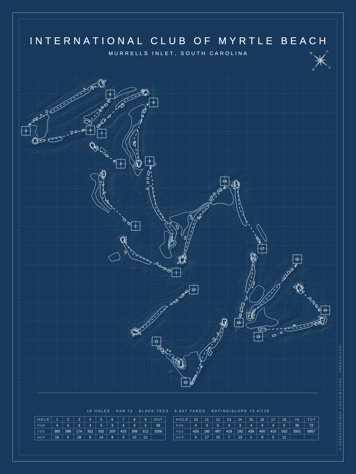 International Club of Myrtle Beach course map poster, Blueprint style, 12×16 / 18×24