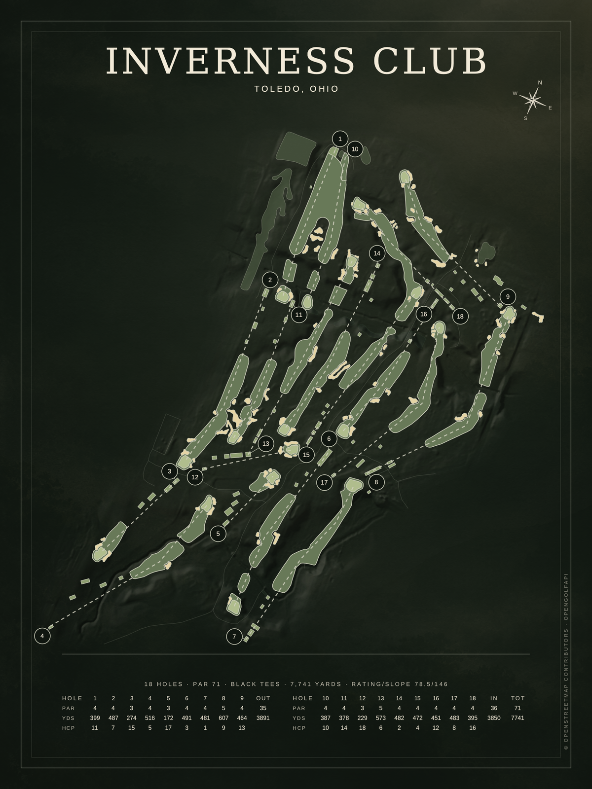 Inverness Club course map poster, Architectural style, 12×16 / 18×24