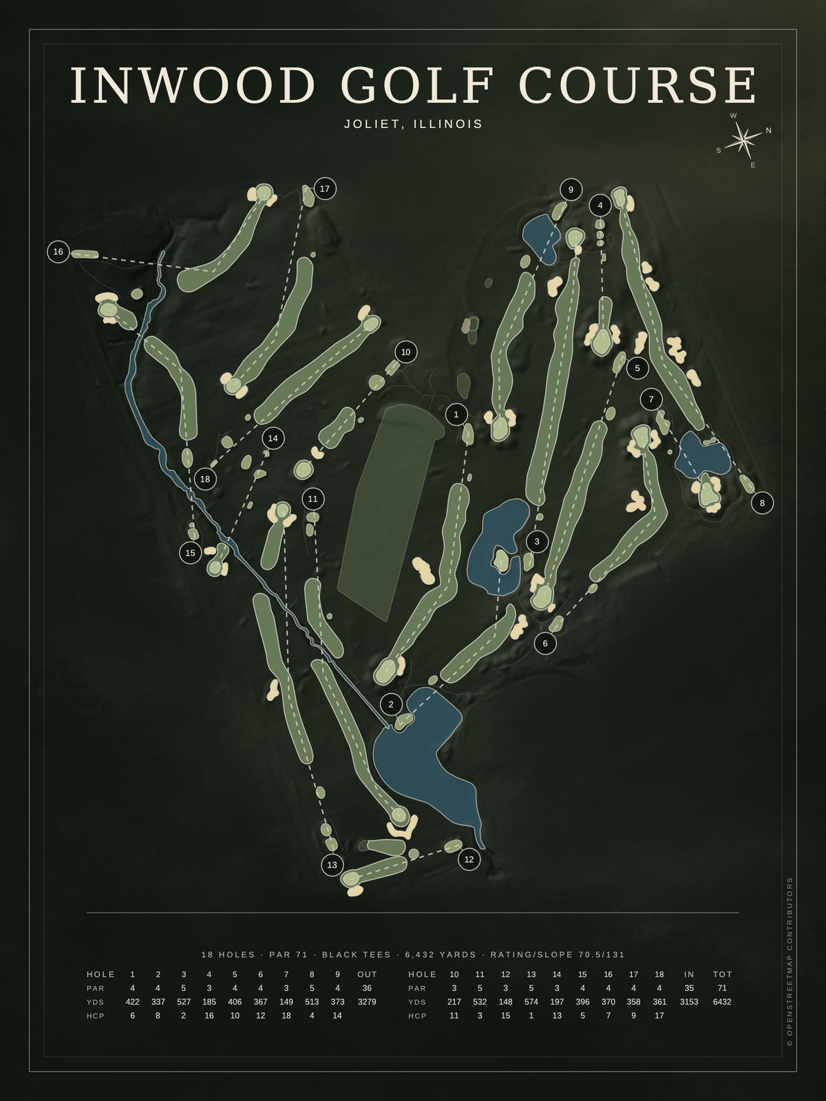 Inwood Golf Course map poster, Architectural style, 12×16 / 18×24