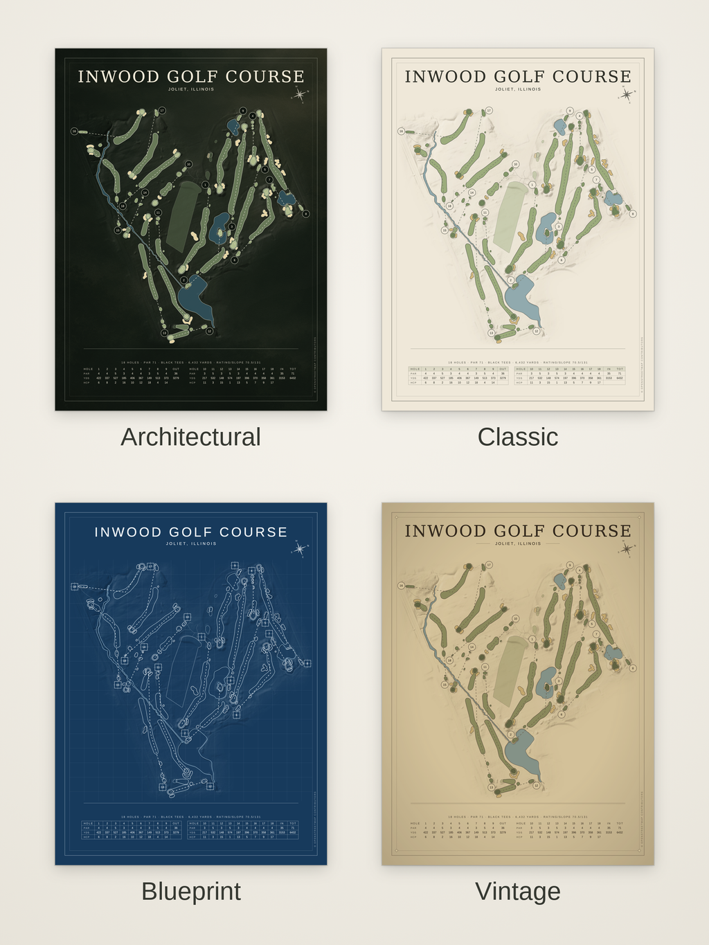 Inwood Golf Course map poster in four styles: Architectural, Classic, Blueprint and Vintage