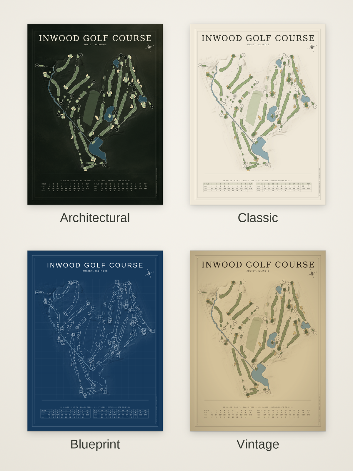 Inwood Golf Course map poster in four styles: Architectural, Classic, Blueprint and Vintage