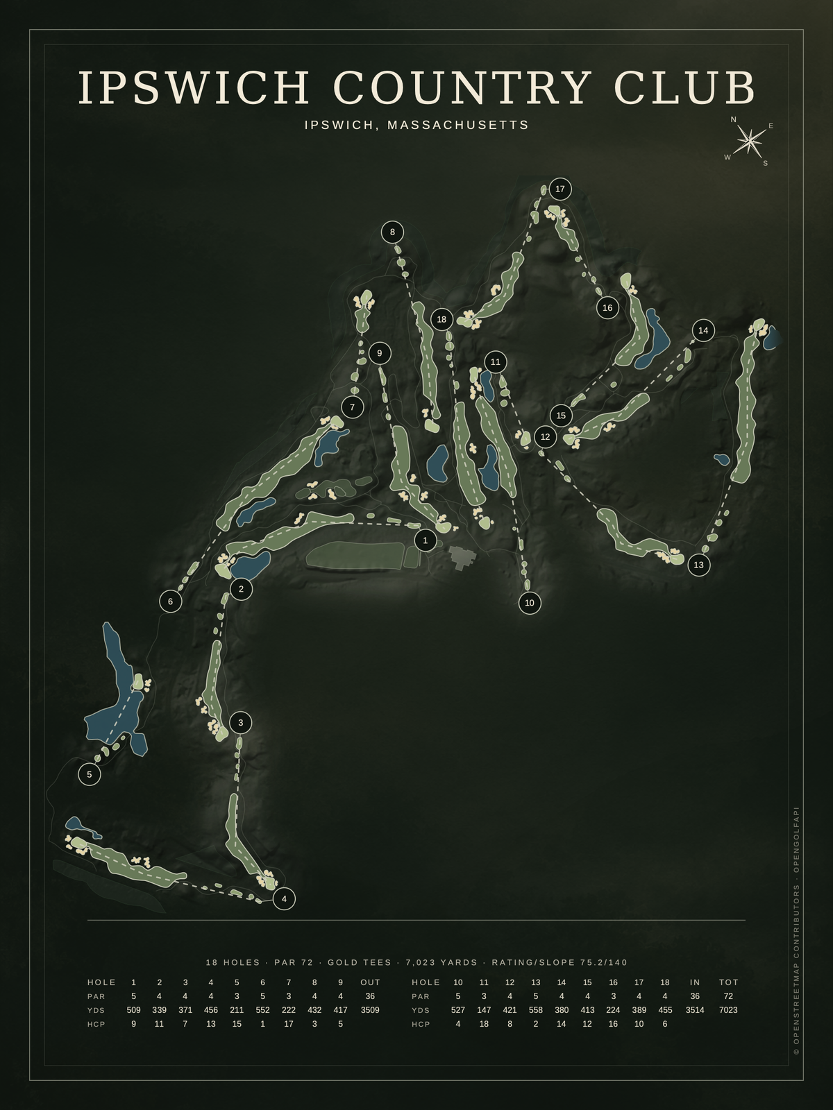 Ipswich Country Club course map poster, Architectural style, 12×16 / 18×24