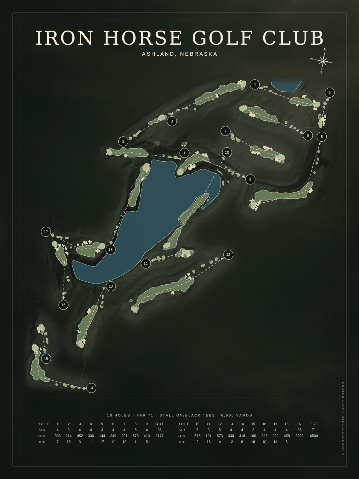 Iron Horse Golf Club course map poster, Architectural style, 12×16 / 18×24