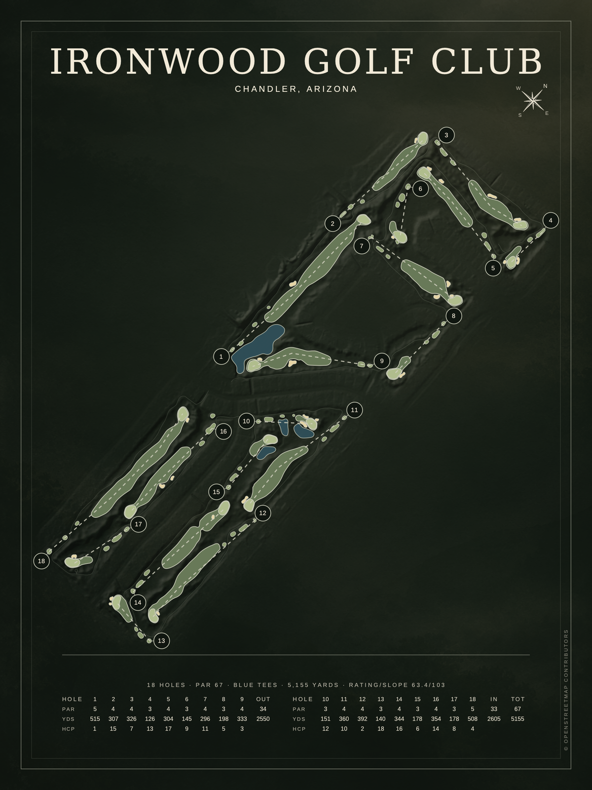 Ironwood Golf Club course map poster, Architectural style, 12×16 / 18×24