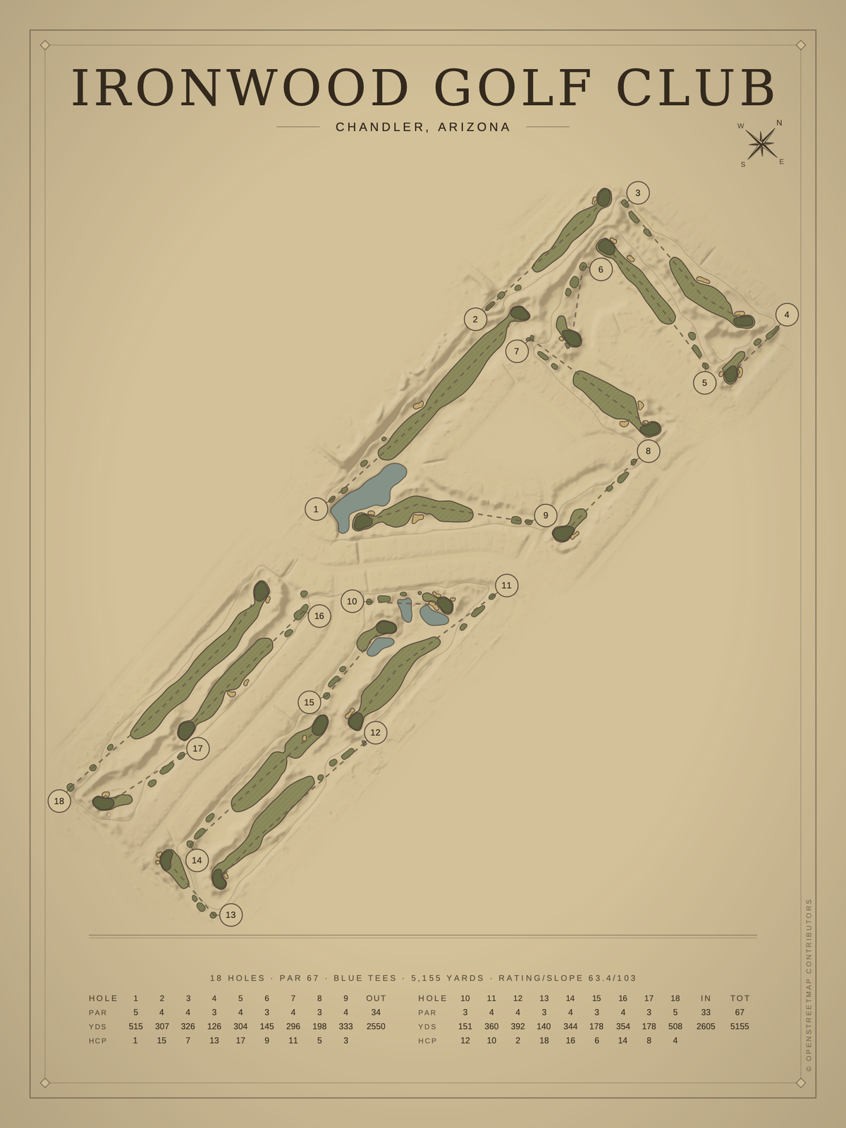 Ironwood Golf Club course map poster, Vintage style, 12×16 / 18×24