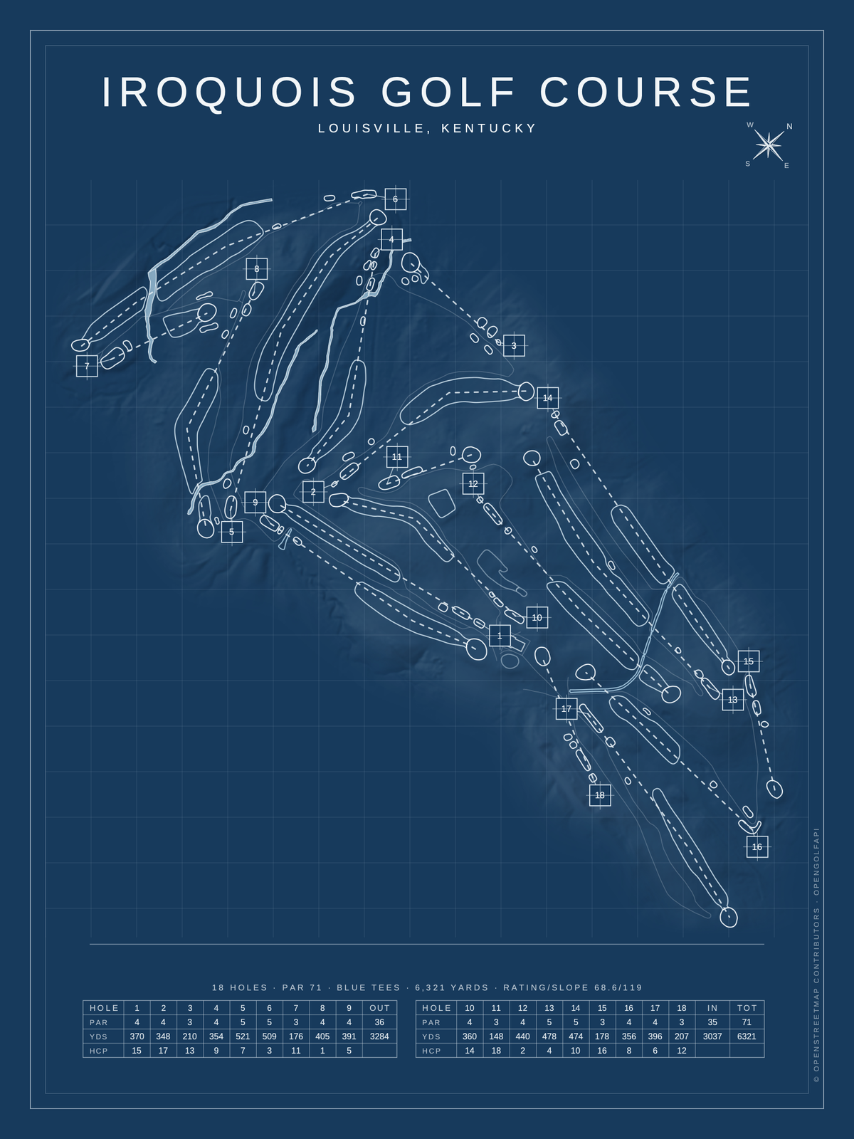 Iroquois Golf Course map poster, Blueprint style, 12×16 / 18×24
