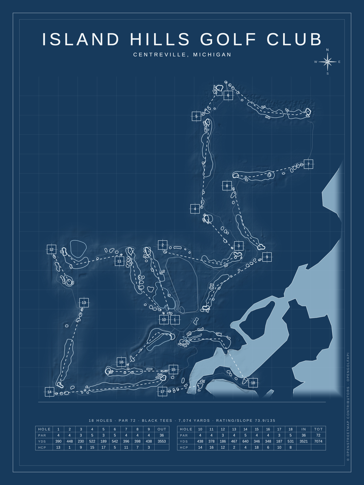 Island Hills Golf Club course map poster, Blueprint style, 12×16 / 18×24