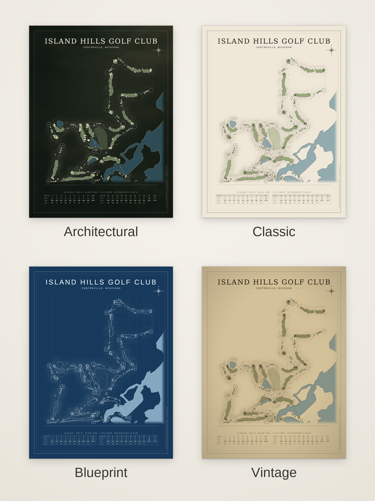 Island Hills Golf Club course map poster in four styles: Architectural, Classic, Blueprint and Vintage