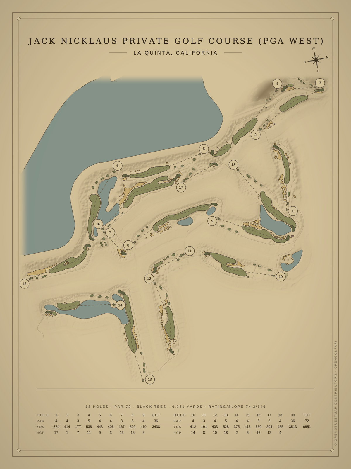 Jack Nicklaus Private Golf Course (PGA West) course map poster, Vintage style, 12×16 / 18×24