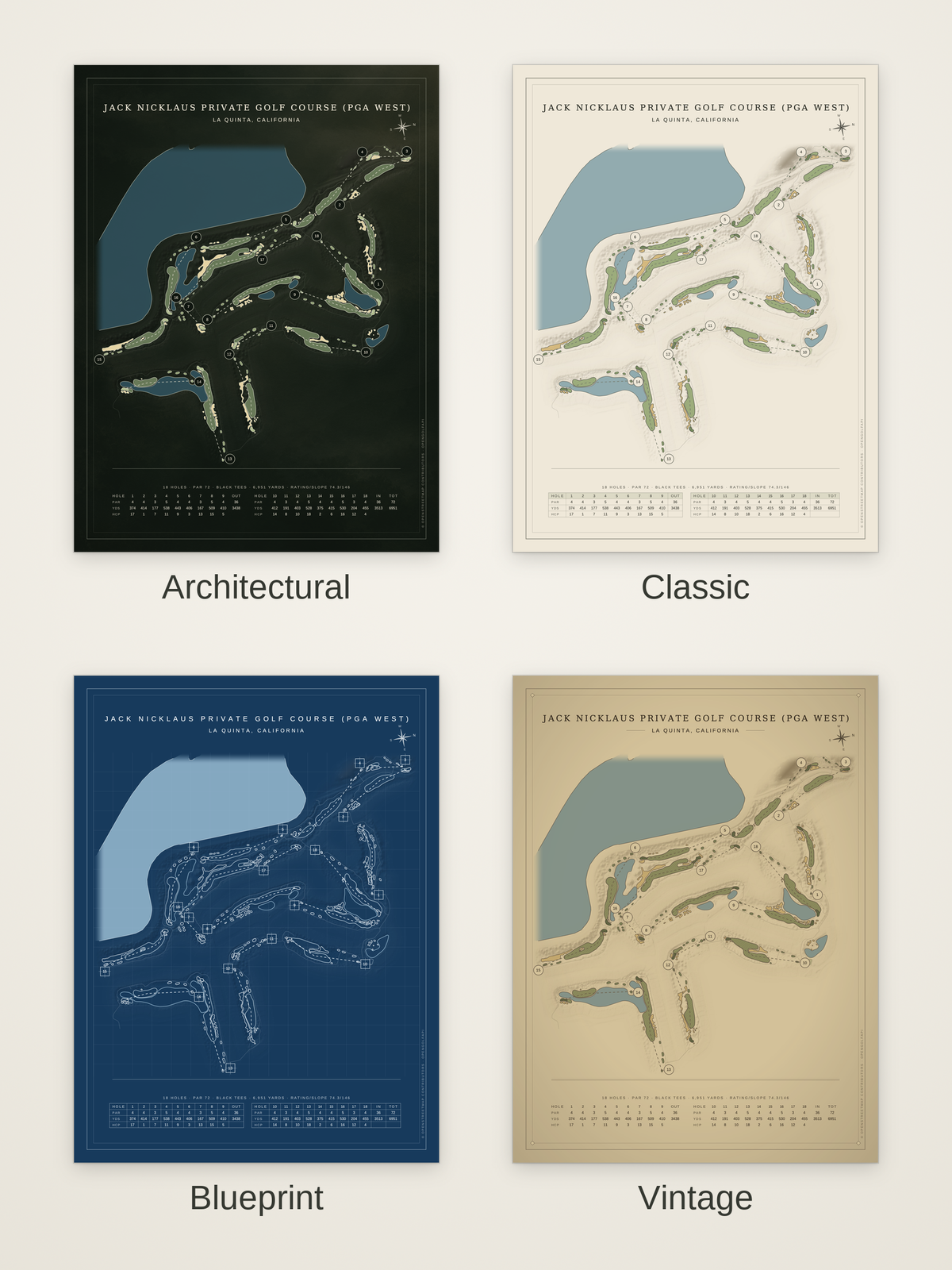 Jack Nicklaus Private Golf Course (PGA West) course map poster in four styles: Architectural, Classic, Blueprint and Vintage