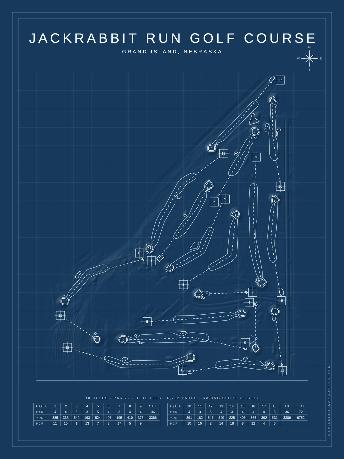 Jackrabbit Run Golf Course map poster, Blueprint style, 12×16 / 18×24