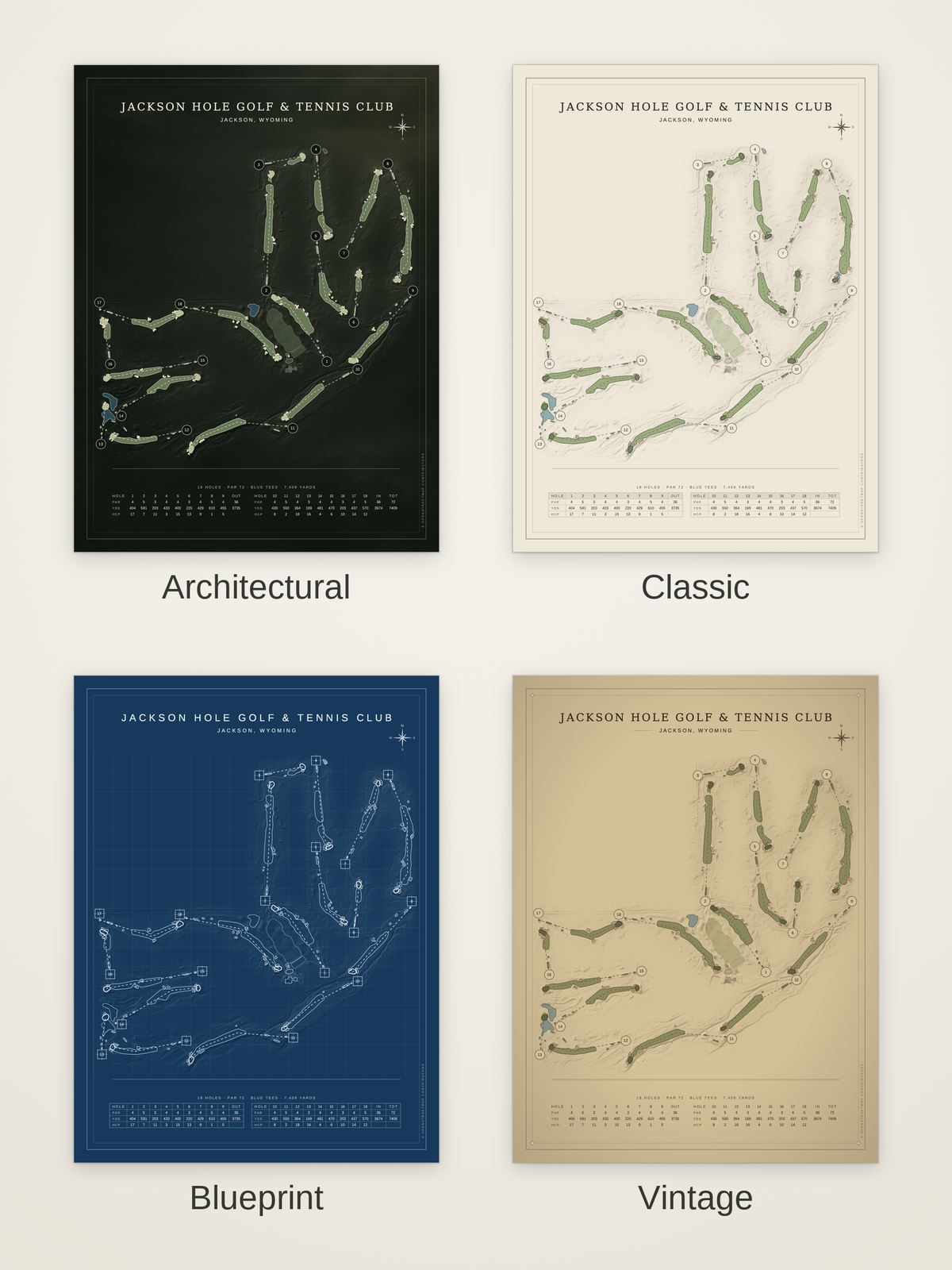 Jackson Hole Golf & Tennis Club course map poster in four styles: Architectural, Classic, Blueprint and Vintage