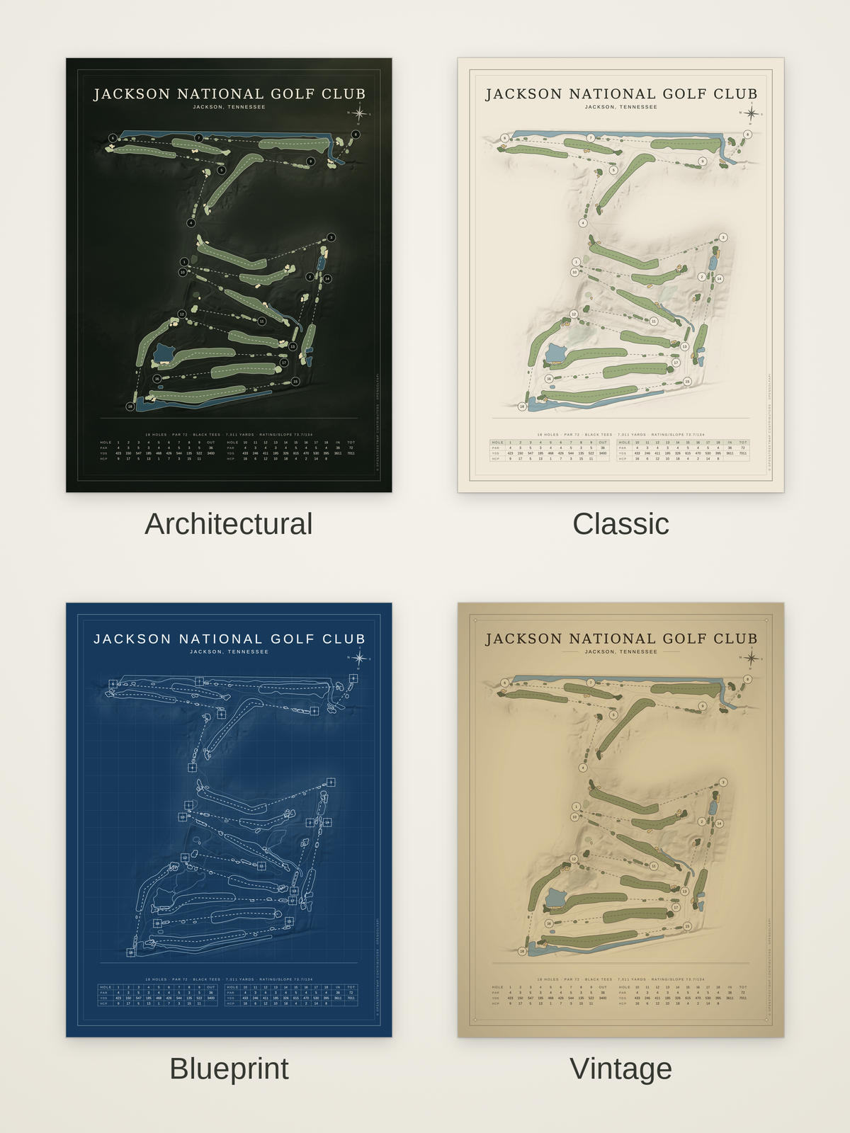 Jackson National Golf Club course map poster in four styles: Architectural, Classic, Blueprint and Vintage
