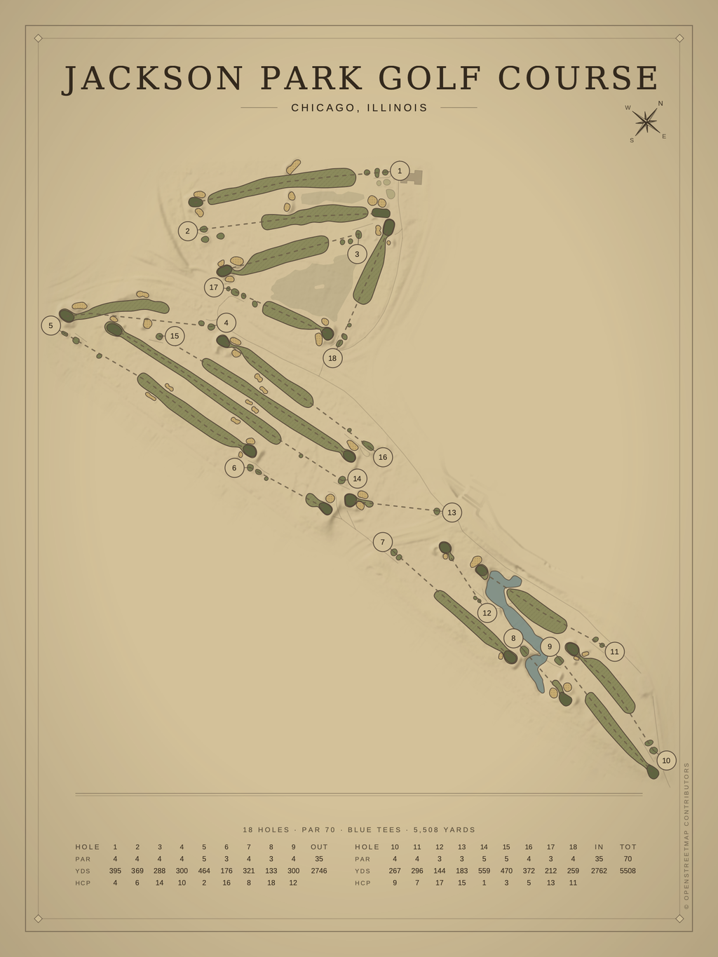 Jackson Park Golf Course map poster, Vintage style, 12×16 / 18×24
