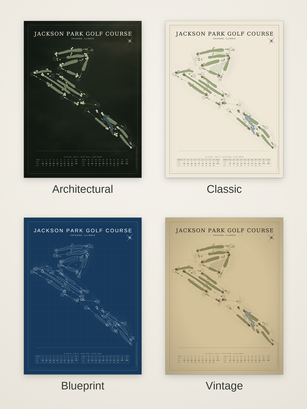 Jackson Park Golf Course map poster in four styles: Architectural, Classic, Blueprint and Vintage