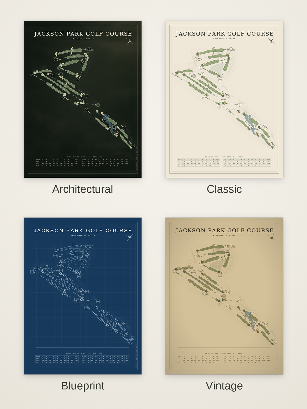 Jackson Park Golf Course map poster in four styles: Architectural, Classic, Blueprint and Vintage