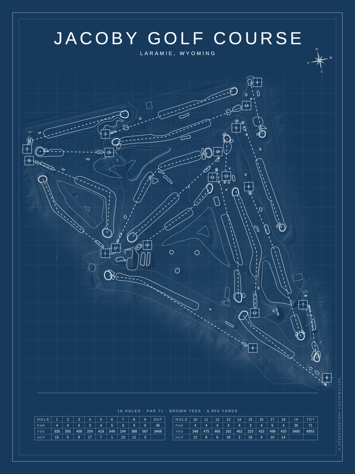 Jacoby Golf Course map poster, Blueprint style, 12×16 / 18×24