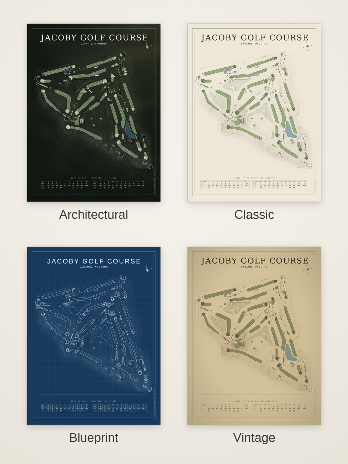 Jacoby Golf Course map poster in four styles: Architectural, Classic, Blueprint and Vintage