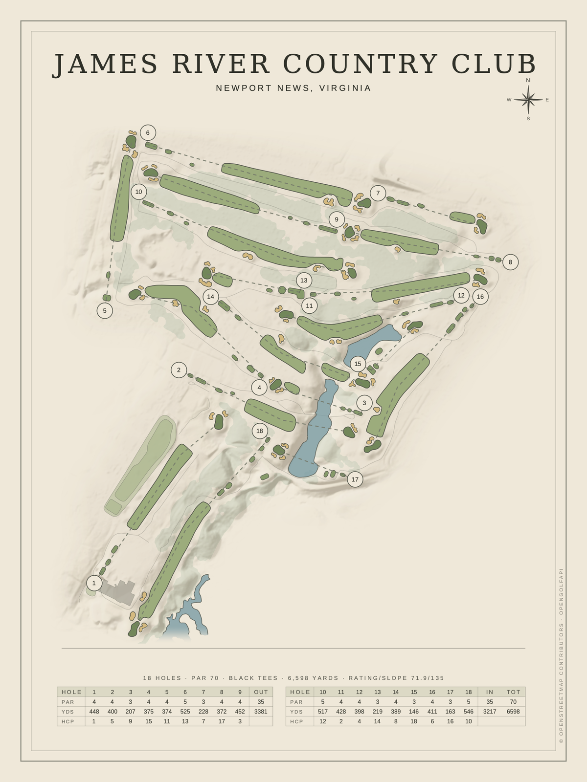 James River Country Club course map poster, Classic style, 12×16 / 18×24