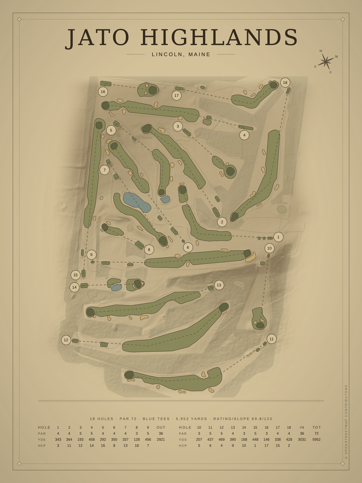 Jato Highlands course map poster, Vintage style, 12×16 / 18×24