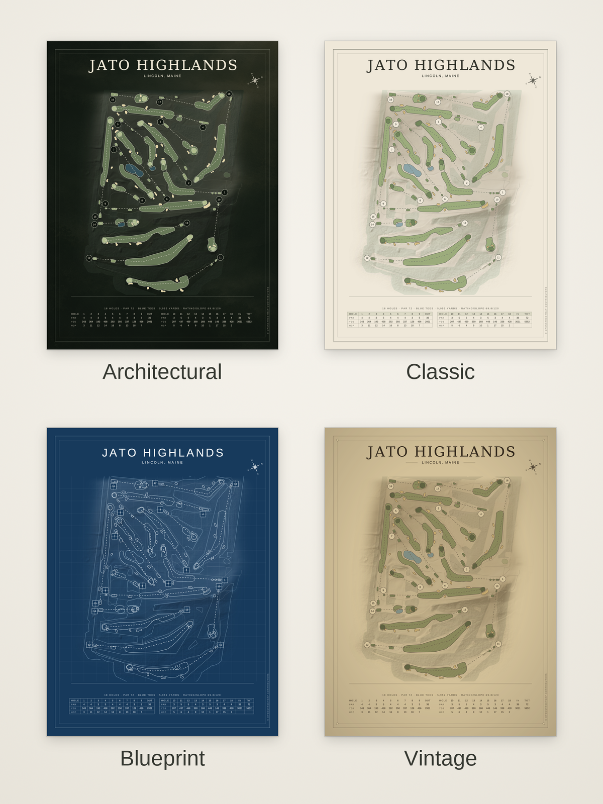 Jato Highlands course map poster in four styles: Architectural, Classic, Blueprint and Vintage