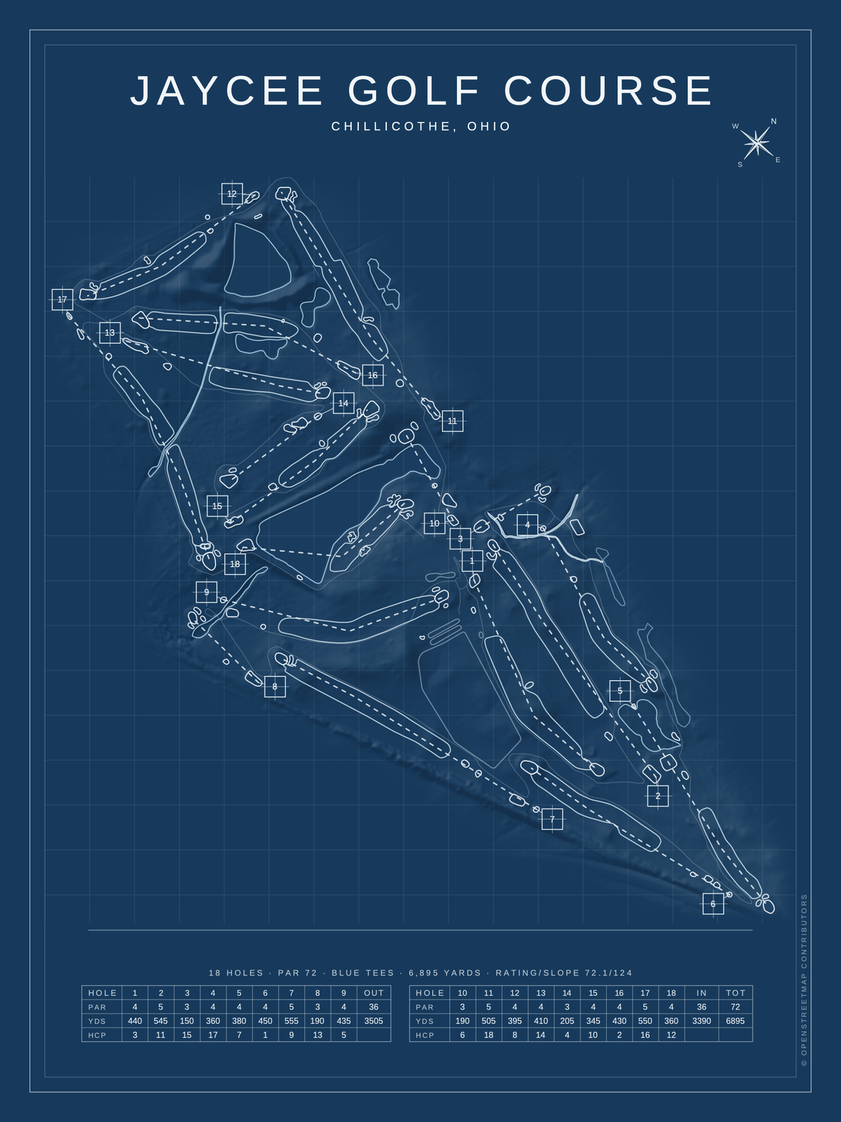 Jaycee Golf Course map poster, Blueprint style, 12×16 / 18×24