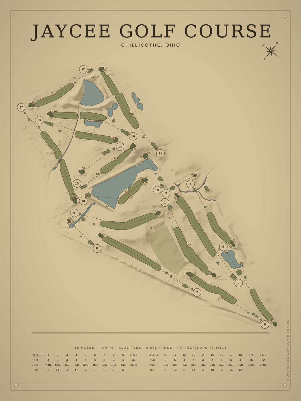 Jaycee Golf Course map poster, Vintage style, 12×16 / 18×24