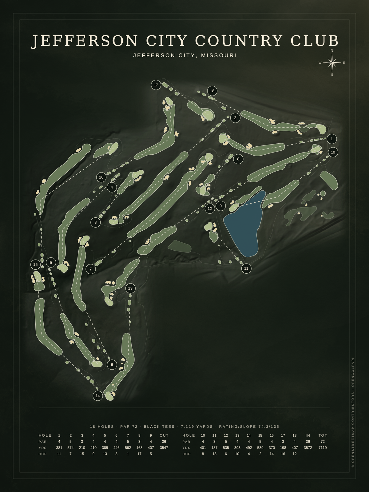 Jefferson City Country Club course map poster, Architectural style, 12×16 / 18×24