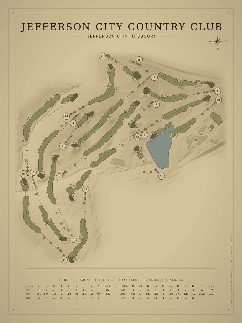 Jefferson City Country Club course map poster, Vintage style, 12×16 / 18×24
