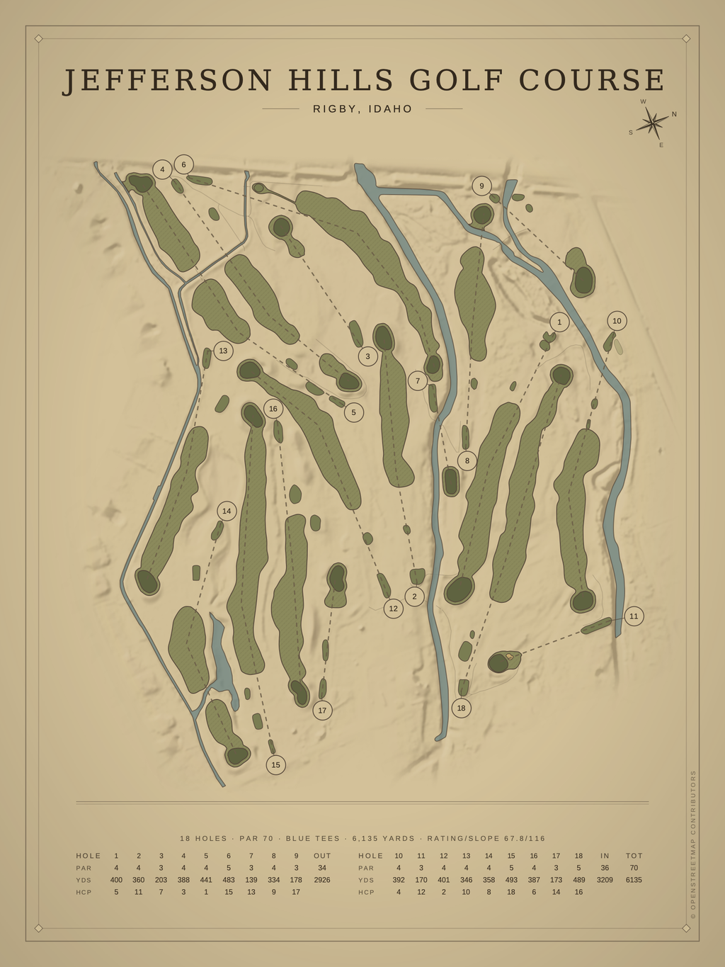 Jefferson Hills Golf Course map poster, Vintage style, 12×16 / 18×24