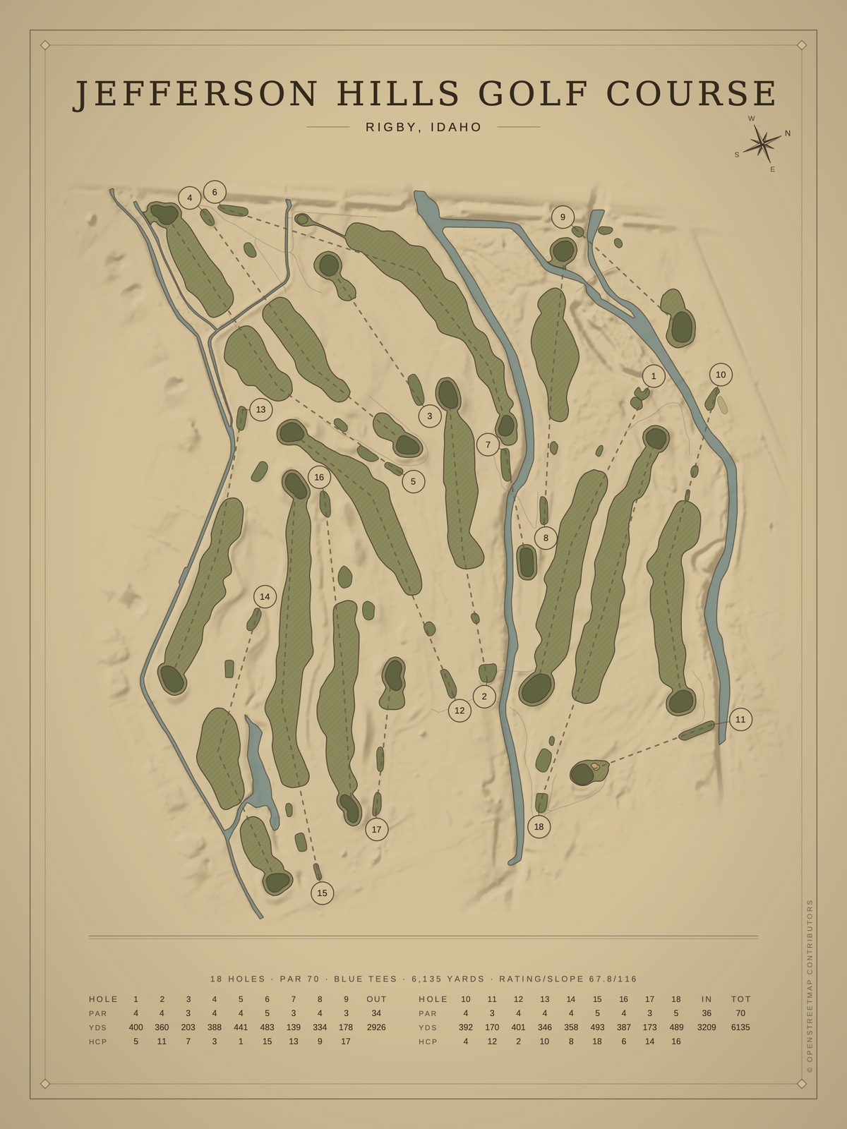 Jefferson Hills Golf Course map poster, Vintage style, 12×16 / 18×24