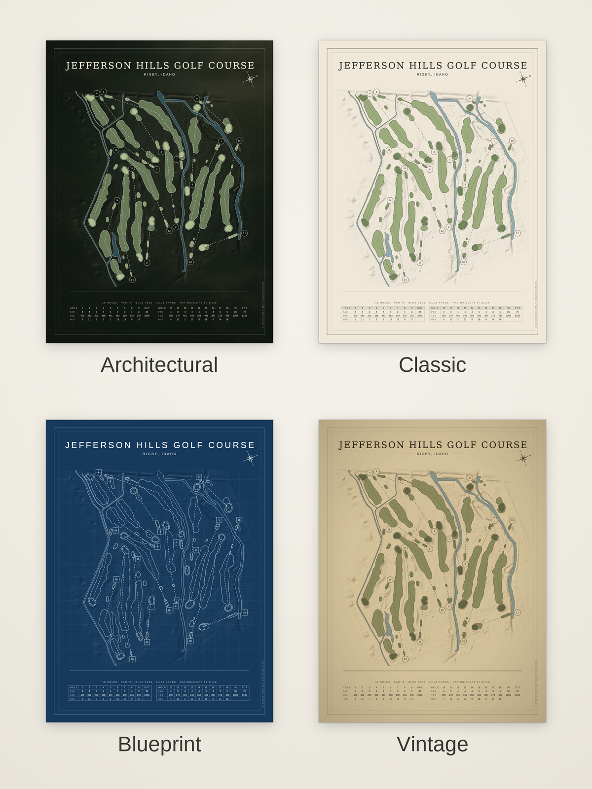 Jefferson Hills Golf Course map poster in four styles: Architectural, Classic, Blueprint and Vintage